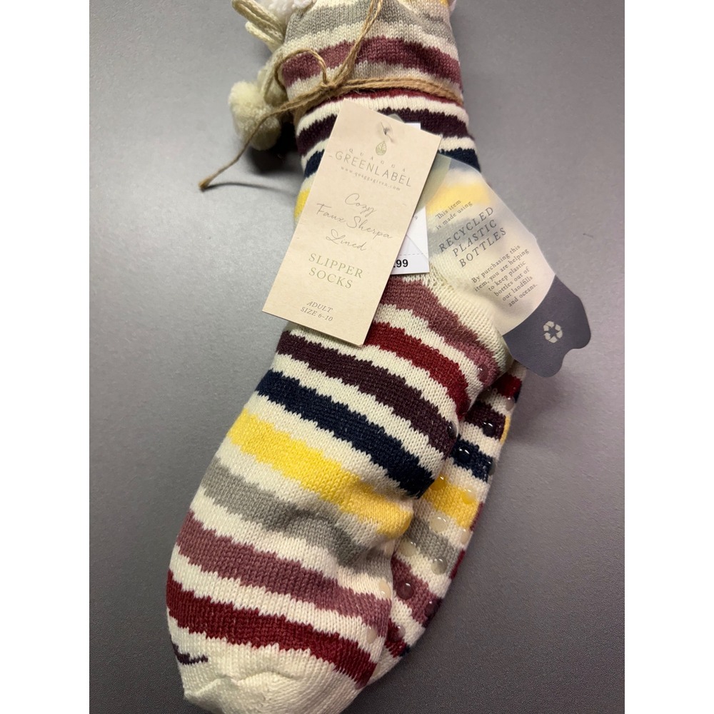Quagga‎ Green Label Womens Slipper Socks Faux Sherpa Lined Striped Pom Pom NEW - Picture 3 of 6